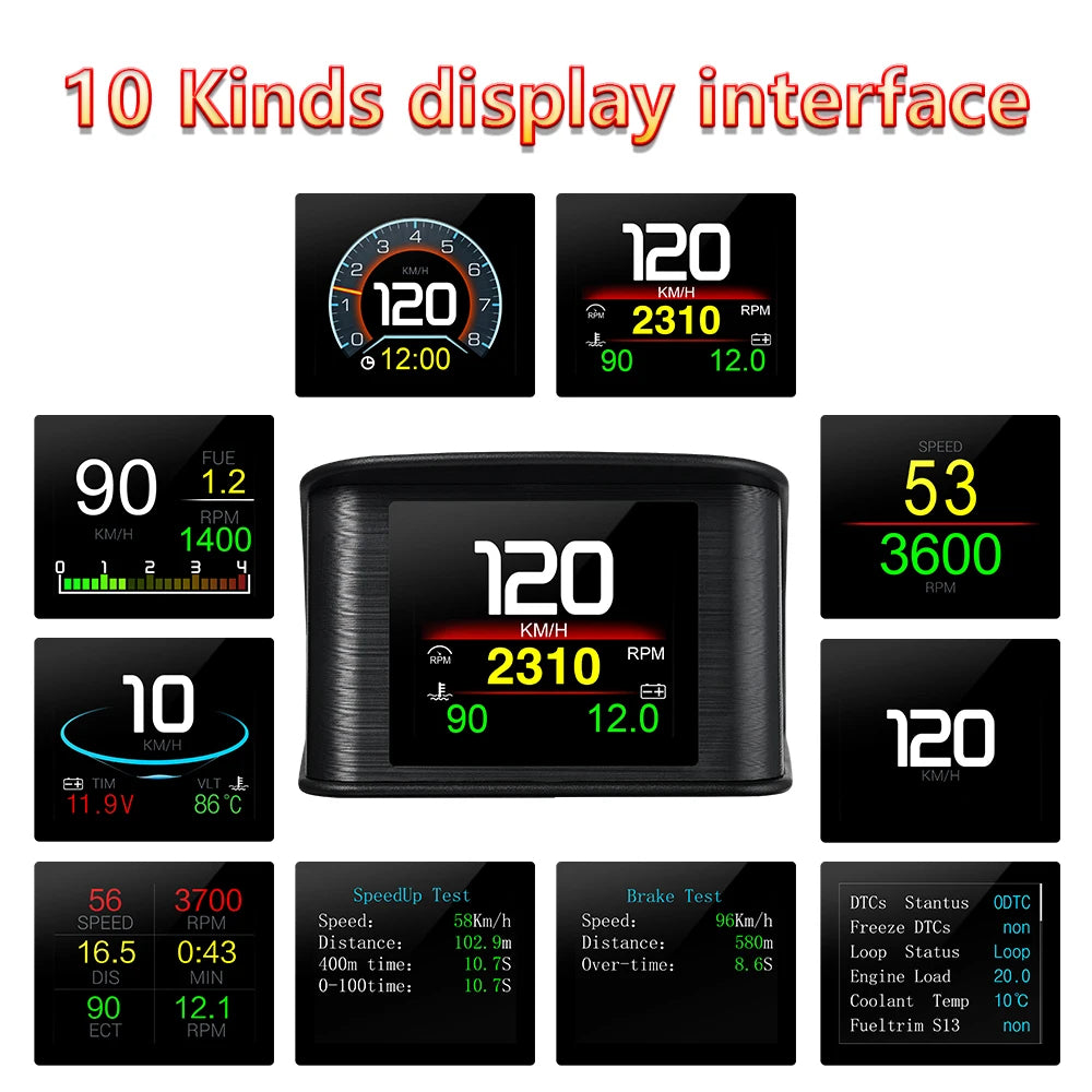 Enhanced Driving Experience with HUD OBD2+GPS On-board Computer: Head-up Display Car Tachometer with Turbo, Oil Pressure, Water Temp, and GPS Speedometer - Perfect for Gasoline Cars