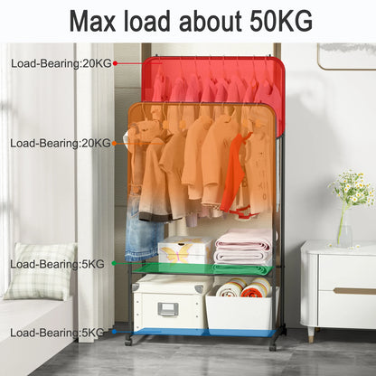 Rolling Clothes Rack – Garment Hanger with 2-Tier Storage Shelves