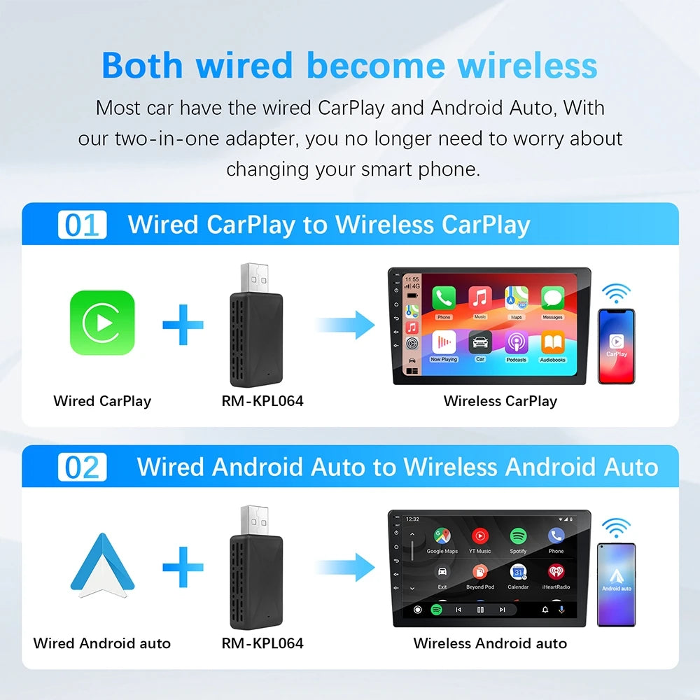 Wireless CarPlay and Android Auto Adapter for Toyota, Mazda, Nissan, Camry, Suzuki, Subaru, Citroen, Audi, Mercedes, Kia, Ford, Opel - Supports Spotify, Bluetooth