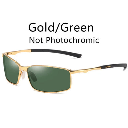 Photochromic Men’s Polarized Sunglasses – Metal Square Frame, UV400 Driving & Outdoor Sports Cycling Glasses