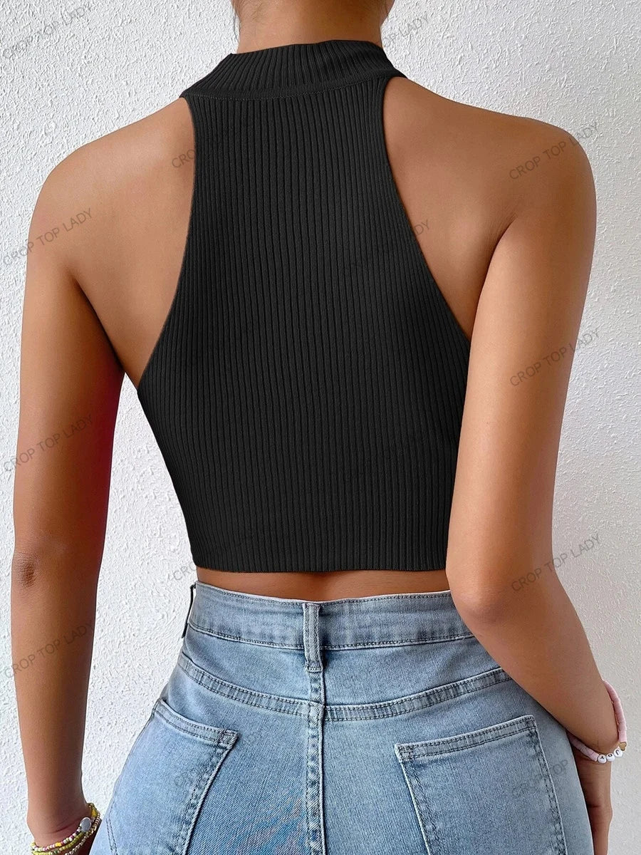 2025 Women’s Ribbed Knit Sleeveless Crop Top – Sexy Solid Halter Corset Tank for Casual, Crossfit & Y2K Fashion