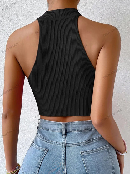2025 Women’s Ribbed Knit Sleeveless Crop Top – Sexy Solid Halter Corset Tank for Casual, Crossfit & Y2K Fashion