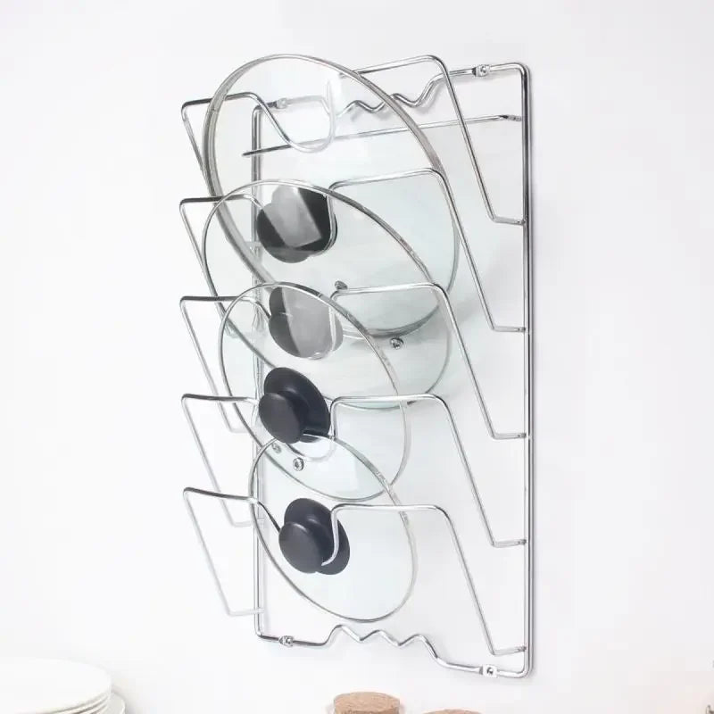 Wall-Mounted Kitchen Organizer Rack – Five-Layer Metal Pot Lid Storage, Rust-Free Multifunctional Rack