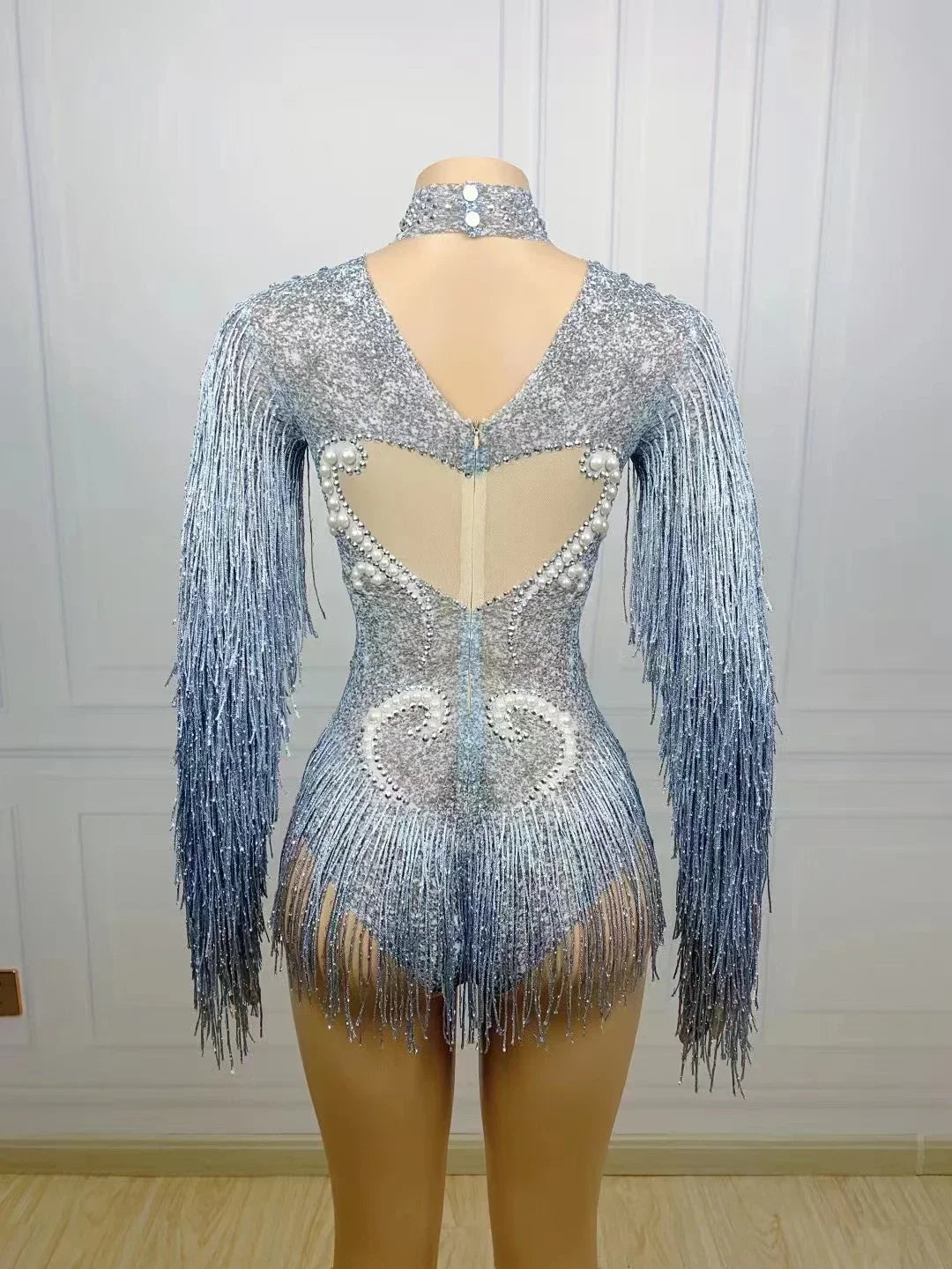 Purple Rhinestone Mesh Tassel Jumpsuit - Sheer Nightclub & Stage Performance Outfit