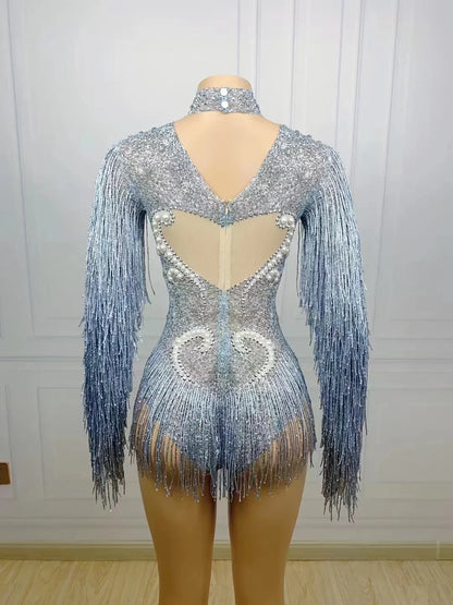Purple Rhinestone Mesh Tassel Jumpsuit - Sheer Nightclub & Stage Performance Outfit