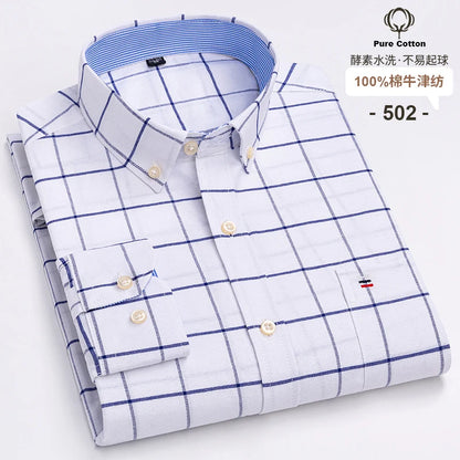 Men's 100% Cotton Oxford Plaid Shirt - Soft Regular Fit Long Sleeve Formal Dress Shirt with Pocket S-7XL