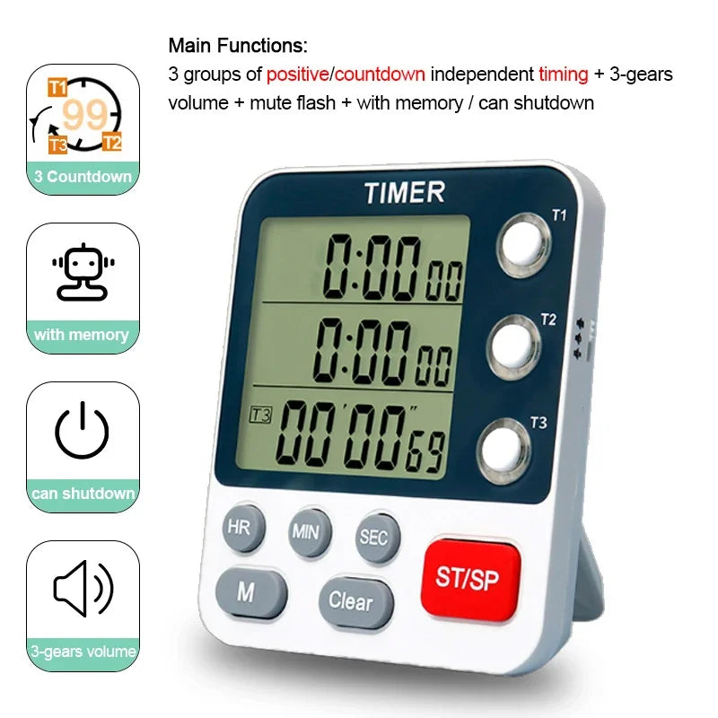 3 Channel Digital Kitchen Timer – Count Up/Down with LCD Display, Adjustable Volume & Mute Flashing Alarm