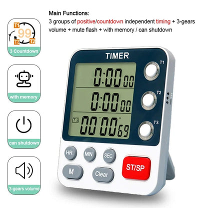 3 Channel Digital Kitchen Timer – Count Up/Down with LCD Display, Adjustable Volume & Mute Flashing Alarm