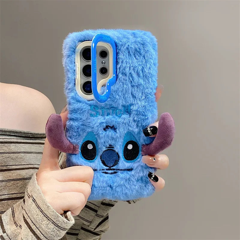 Cute Cartoon Stitch Plush Phone Case with Lens Holder – Shockproof Cover for Samsung Galaxy S23/S24/S25 Plus Ultra A56