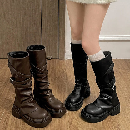 Vintage Thick Heel Women’s Knee-High Boots – Slip-On Fashion Booties for Autumn & Winter