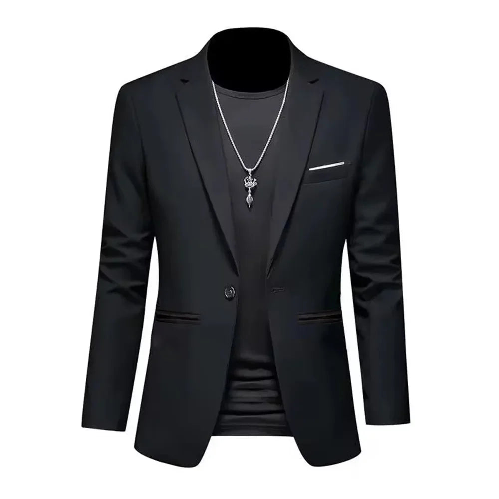 Men’s Casual Business Slim Fit Suit Jacket — Trendy Autumn Single-Button Formal Blouse, Non-Iron Solid Color