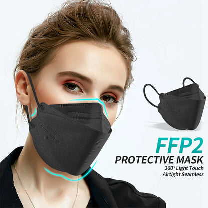 10-100PCS FFP2 Face Masks — CE Approved Disposable KN95 KF94 Black Fish Style Protective Masks
