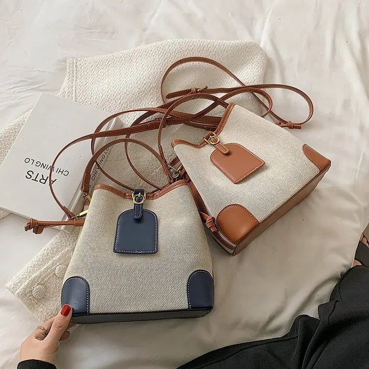 2022 New Korean Style Fashionable Portable Bucket Bag – Trendy Canvas Contrast Texture Messenger Bag
