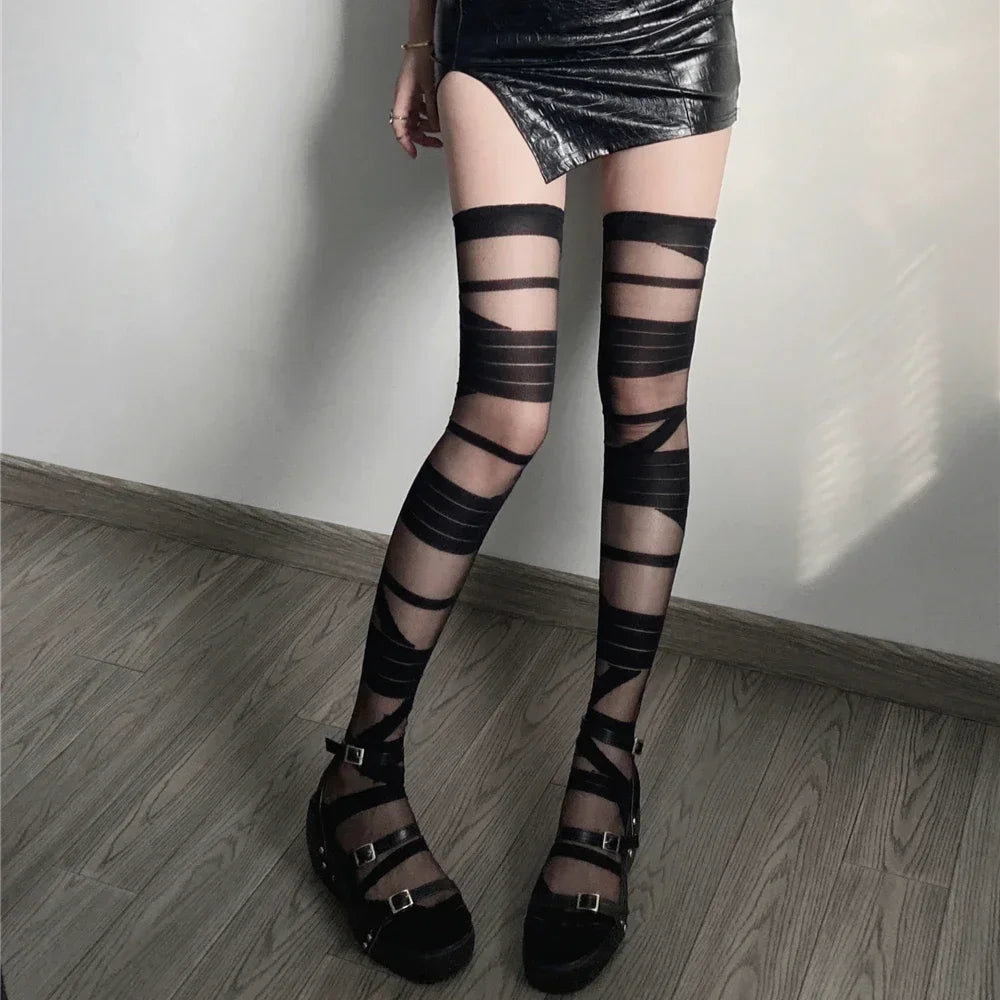 JK Lolita Ultra-Thin Crystal Silk Thigh High Stockings for Women, Transparent Y2K Style Sexy Socks for Girls Fashion Hosiery