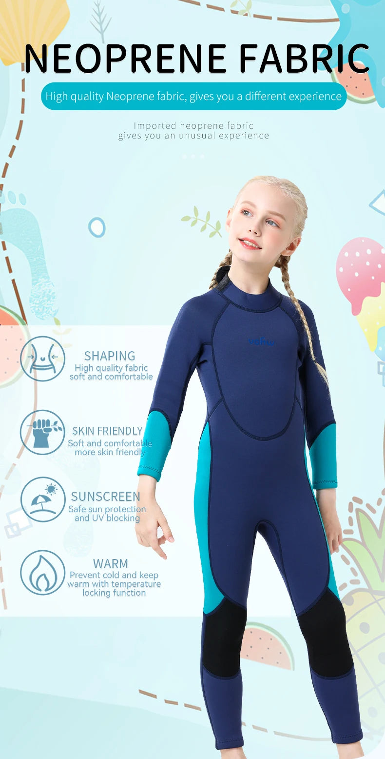 Children's 2mm/3mm Neoprene Wetsuit – One-Piece Long Sleeve Diving Suit for Cold Protection, Sunscreen, Surfing, Swimming & Snorkeling
