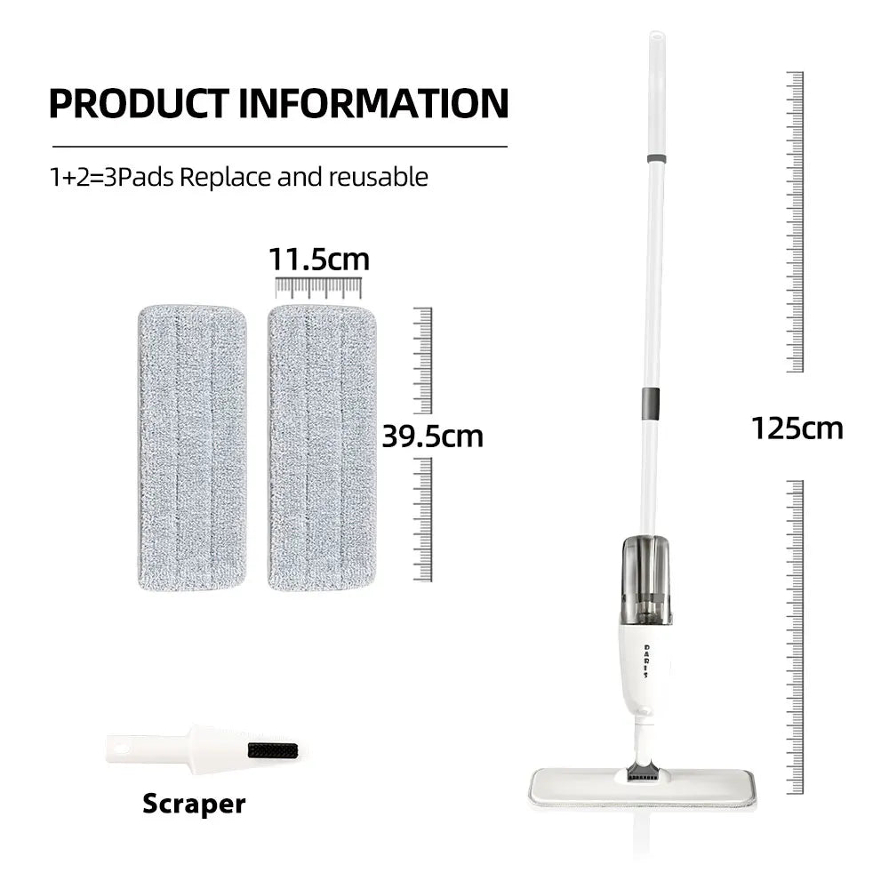 DARIS 360° Spray Flat Mop — Reusable Microfiber Pads with 500ML Large Capacity Square Triangle Bottle