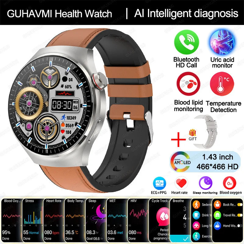 2025 Nursing-Grade Smartwatch — Blood Oxygen, Lipid, Uric Acid, ECG+PPG, Body Temperature & Bluetooth Call Health Tracker