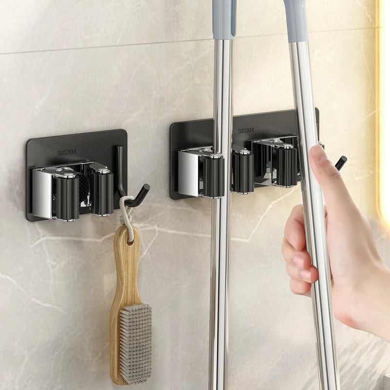 Bathroom Mop Holder — Self-Adhesive Wall-Mounted Broom & Mop Hook, Sweeping Brush Storage Organizer, Kitchen Accessory