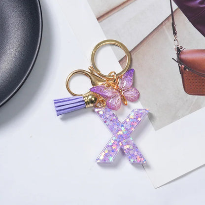 A-Z Initial Letter Sequin Keychain - Purple Butterfly Tassel Resin Keyring Backpack Charm Gift