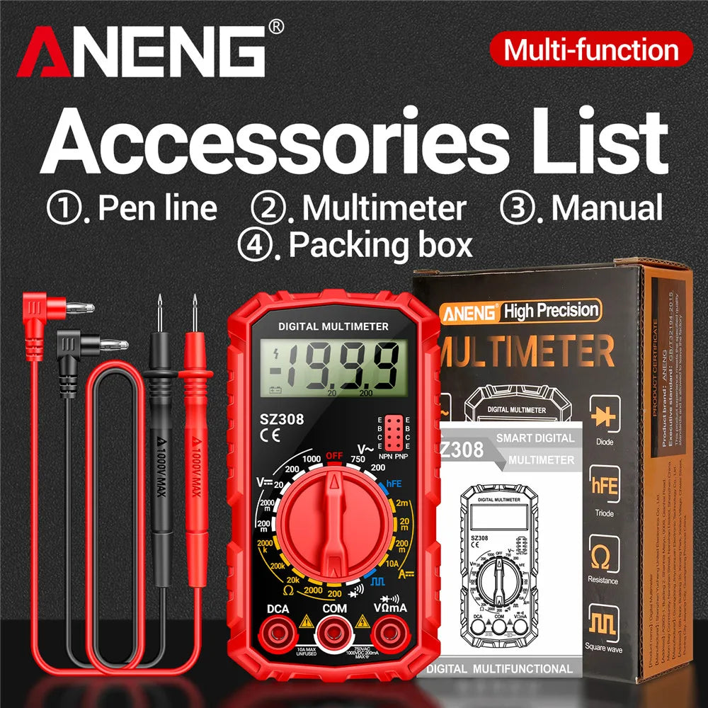 ANENG SZ308 Digital Multimeter – 1999 Count, High-Precision AC/DC Voltage, Current & Resistance Test Tool