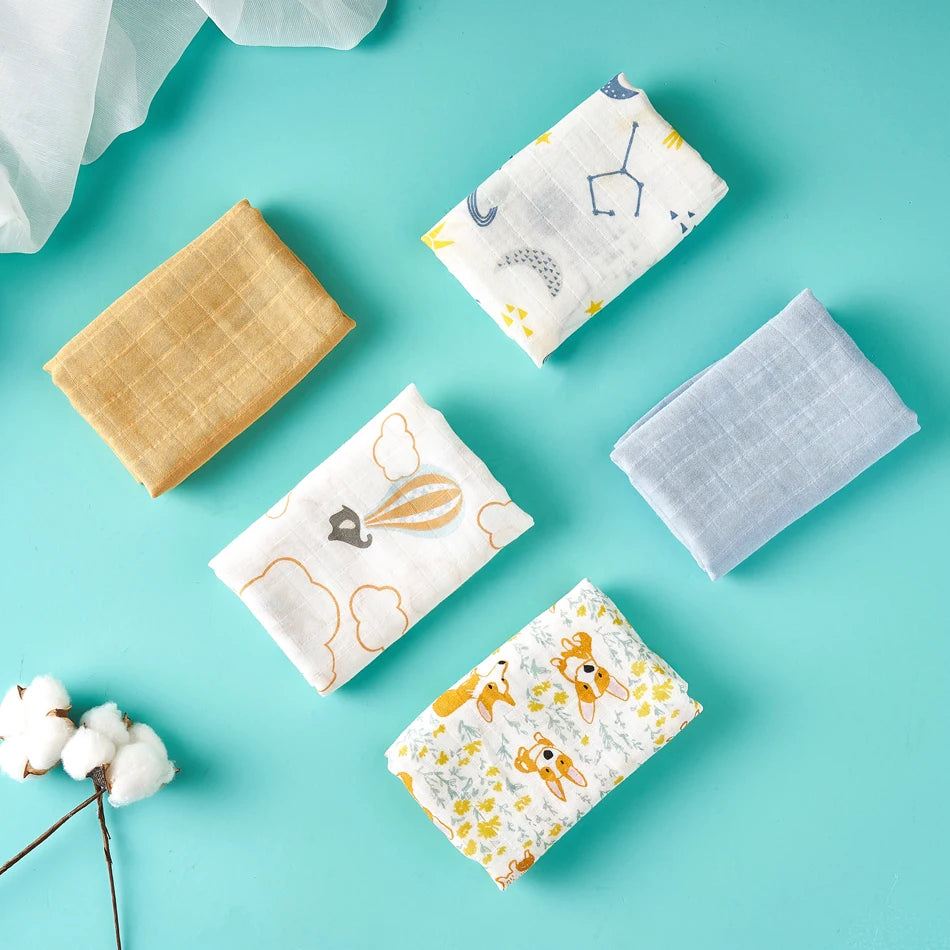 Elinfant 5-Piece Gift Set: Bamboo Cotton Muslin Bibs & Burp Cloths - 100% Cotton, 60x60cm, 2 Layers, Baby Scarf Handkerchief