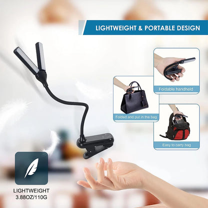 Portable LED Clip-On Book Light: 14 LEDs, 3 Colors, 8 Brightness Levels, USB Rechargeable Night Reading Lamp - Mini Desk & Travel Light