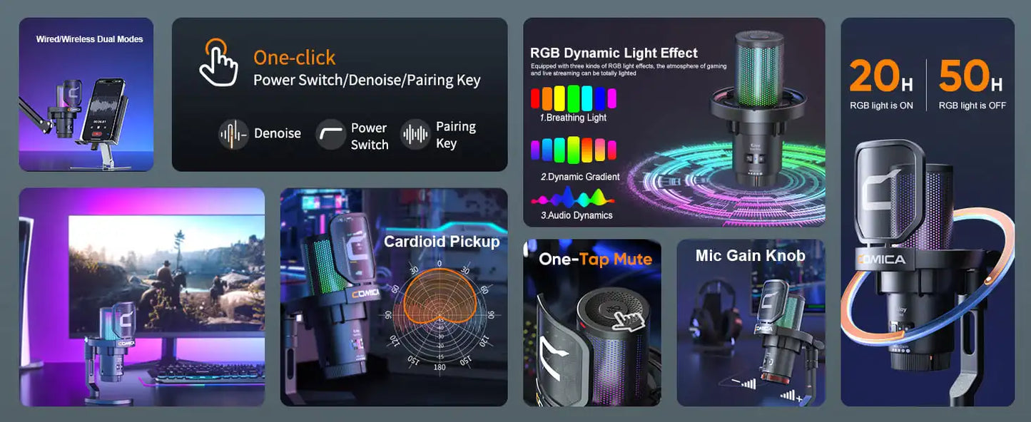 COMICA Uni Pro Wireless USB Gaming Microphone – Noise-Canceling Condenser Mic with RGB Lights for PC, Laptop & Smartphone