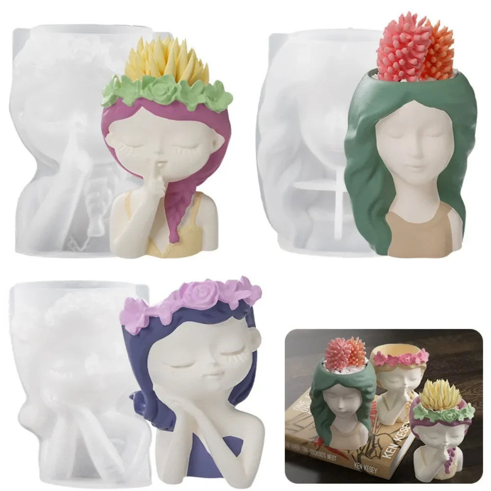 Concrete Vase Silicone Mold | DIY Handmade Girl Head Shaped Flower Pot | Plaster Epoxy Resin Pen Holder Molds | Home Decor Supplies