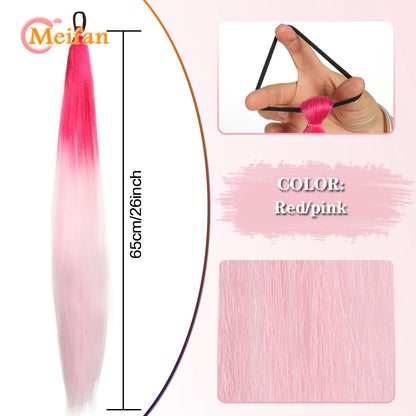 MEIFAN Synthetic Color Braid Ponytail Extension – Red, Green, Blue, Pink, Straight Hair Wrap Around with Elastic Tie