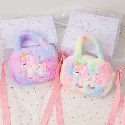 Kids' Embroidery Unicorn Plush Toy Purse – Rainbow Fluffy Crossbody Handbag for Little Girls | Cute Cartoon Furry Shoulder Bag