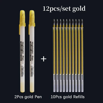 12pcs Set 0.8mm Metallic Paint Markers – Permanent Gold, Silver & White Pens for Graffiti, Writing & Drawing