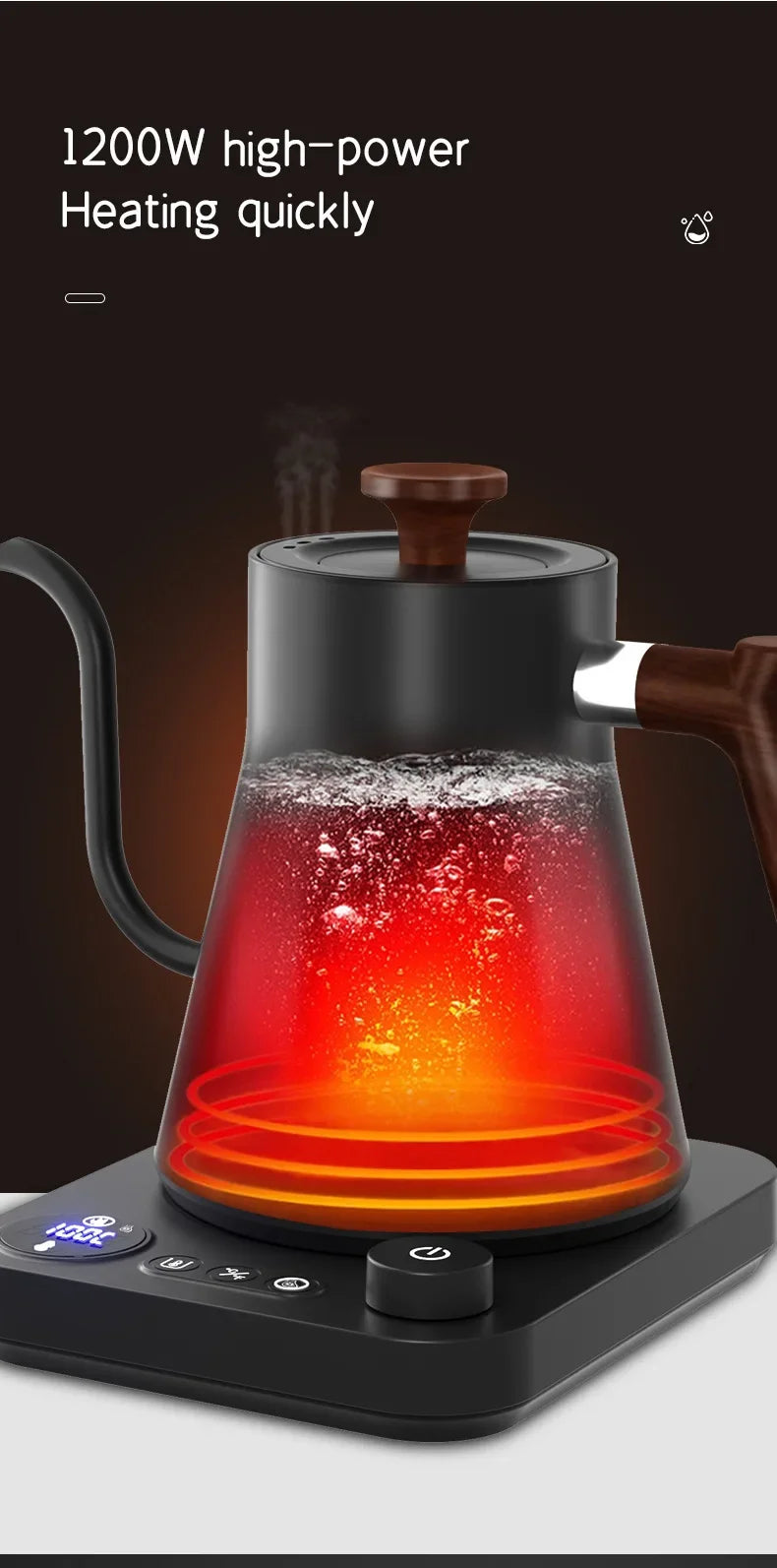 Electric Gooseneck Kettle 900ml — Smart Hand Brew Coffee Pot with Temperature Control & Rapid Heating, 110V/220V