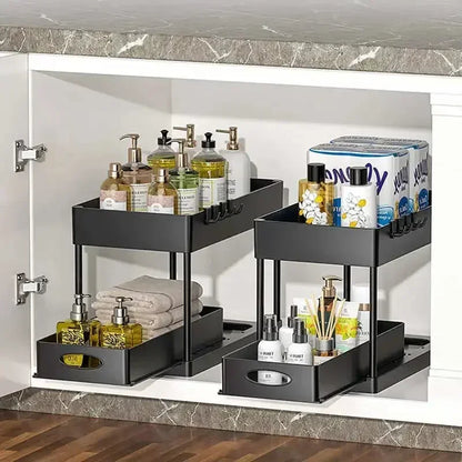2-Tier Under Sink Sliding Organizer — Cabinet Basket Storage Rack with Hooks for Bathroom & Kitchen Cups