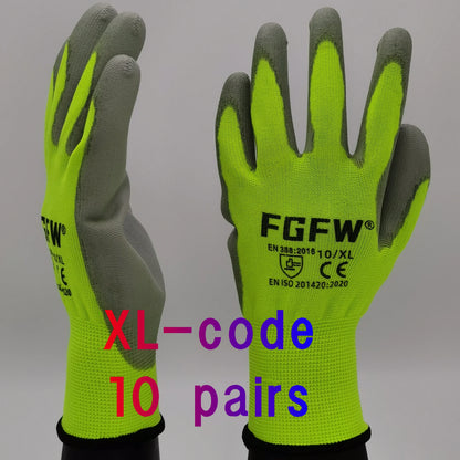 10-Pair PU Coated Work Gloves - Lightweight Durable Safety Gloves, EN 388 & ISO 20471 Certified, S–XL