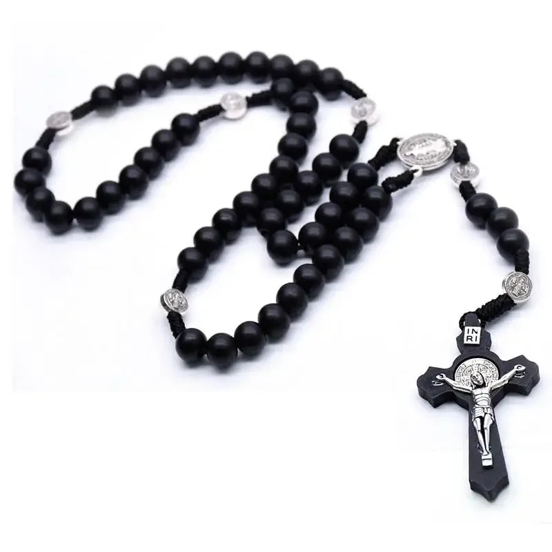 Antique Black Wooden Rosary Car Pendant – Jesus Saint Benedict Cross Beaded Hanging Religious Jewelry for Men & Women