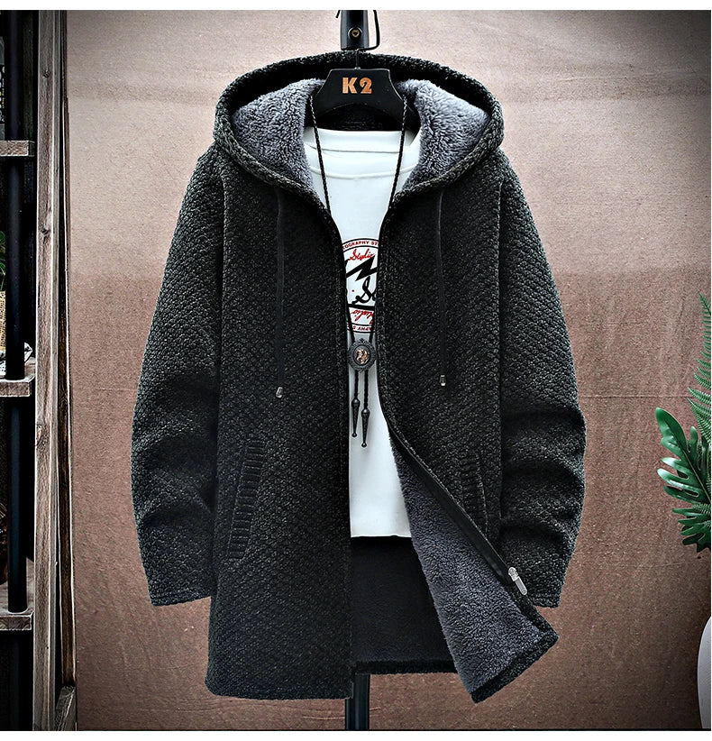 Men's Cashmere Hooded Cardigan Coat – Warm Fleece Long Sweater Jacket for Autumn Winter