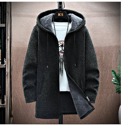 Men's Cashmere Hooded Cardigan Coat – Warm Fleece Long Sweater Jacket for Autumn Winter