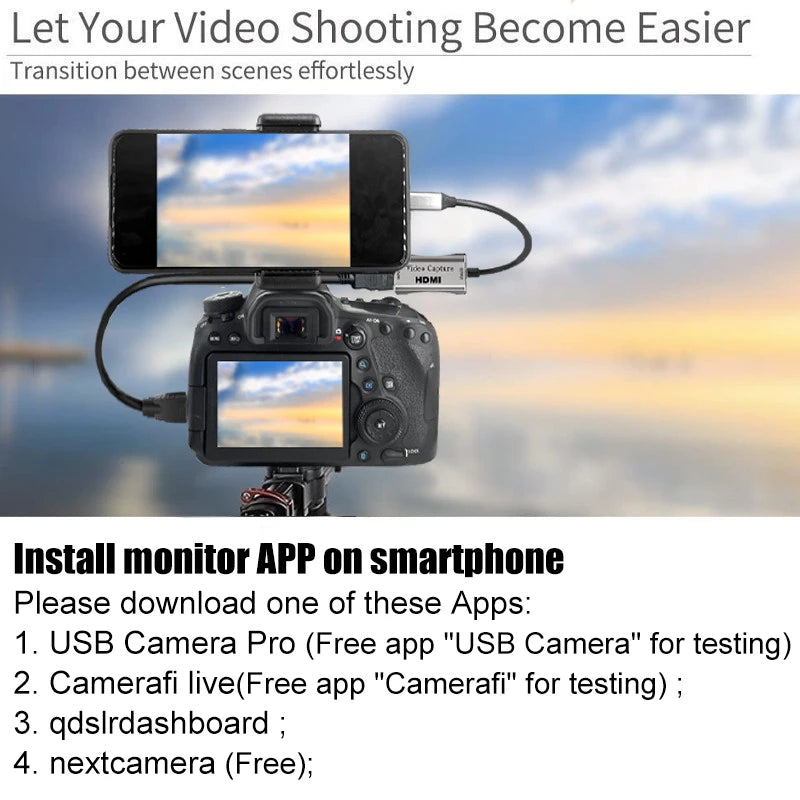 HDMI Adapter 4K Video Capture Card - DSLR Camera Transmission to Mobile Screen and Monitor, Ideal for Vloggers, YouTubers, and Filmmakers