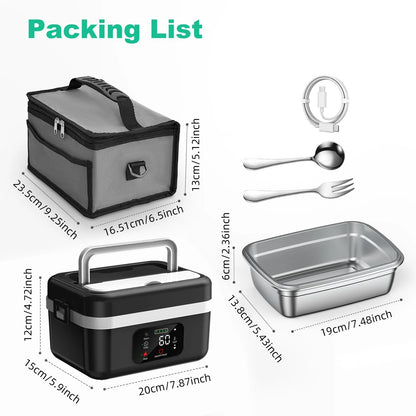 Wireless Electric Heated Lunch Box 8000mAh – 60W Portable Food Warmer 1L Stainless Steel Insulated Lunch Container for Travel & Work