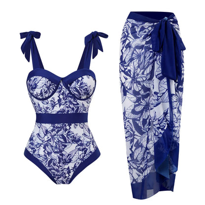 Blue One-Shoulder Ruffle Floral Monokini Swimsuit with Cover Up Sexy One Piece Beach Swimwear for Women Summer