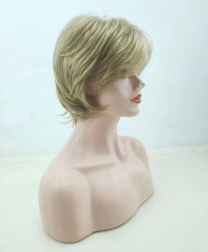 HAIRJOY Short Blonde Wig with Bangs – Blonde and Brown Mix Synthetic Fluffy Wig for Women