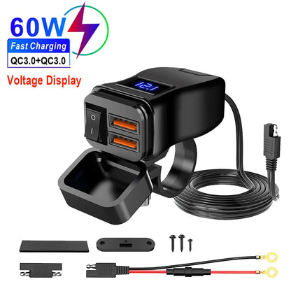 60W PD QC3.0 Motorcycle USB Fast Charger - Dual USB Handlebar Socket With Switch Voltmeter Waterproof 12V Power Adapter