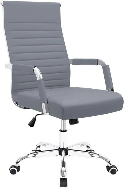 Ribbed Office Desk Chair – Mid-Back PU Leather Executive Swivel Chair with Adjustable Height & Arms for Conference & Task Use