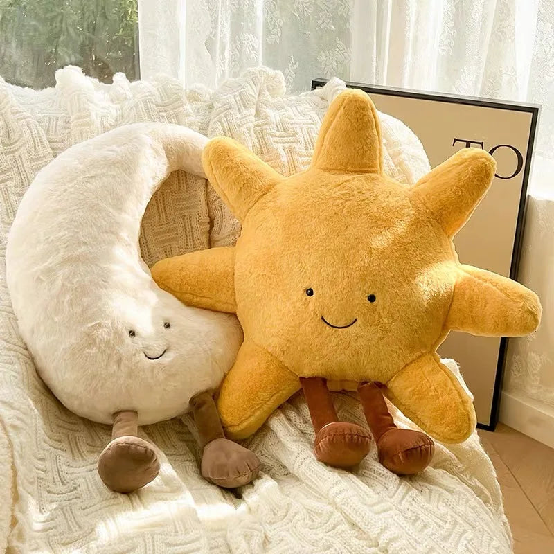 Smile Face Moon & Sun Plush Cushion – Cute Weather Stuffed Toy for Kid's Bedroom Decor & Sofa Throw Pillow