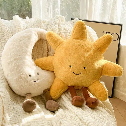 Smile Face Moon & Sun Plush Cushion – Cute Weather Stuffed Toy for Kid's Bedroom Decor & Sofa Throw Pillow