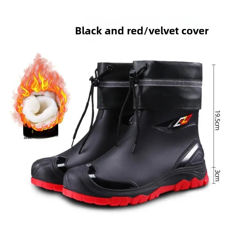 Men’s Ankle-High Fleece-Lined Rain Boots – Waterproof, Anti-Slip, Wear-Resistant Work & Fishing Shoes