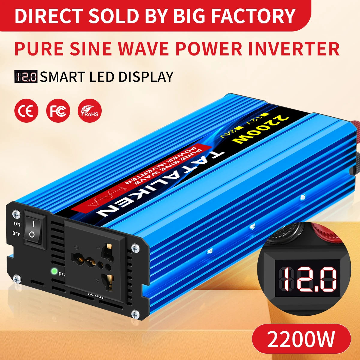 Pure Sine Wave Power Inverter 1000W–4000W – DC 12V/24V to AC 220V 50Hz Converter with Universal Socket Charger Adapter