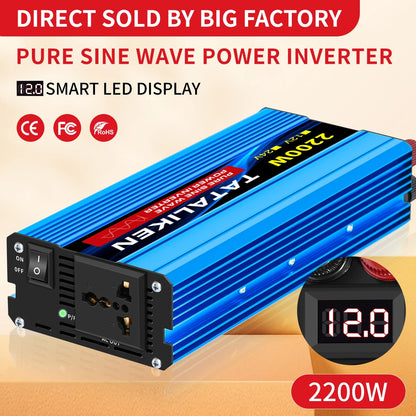 Pure Sine Wave Power Inverter 1000W–4000W – DC 12V/24V to AC 220V 50Hz Converter with Universal Socket Charger Adapter