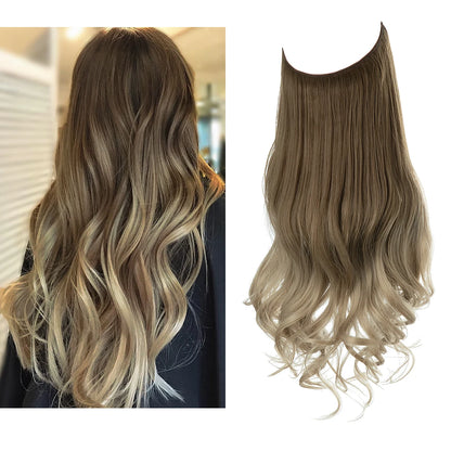 Synthetic Ombre Hair Extension - One Piece Invisible Wire Long Wavy Clipless False Hairpiece Black Blonde Pink