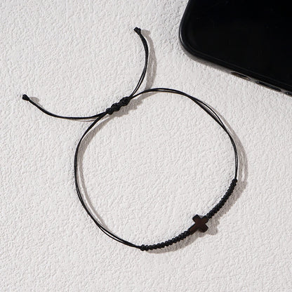 Minimalist Black Cord Cross Bracelet - Handcrafted Woven Protection Jewelry Gift for Men